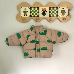 Tiny Cottons - Baby Toddler Tan Puffer Jacket with Green Cloud Print 12m
